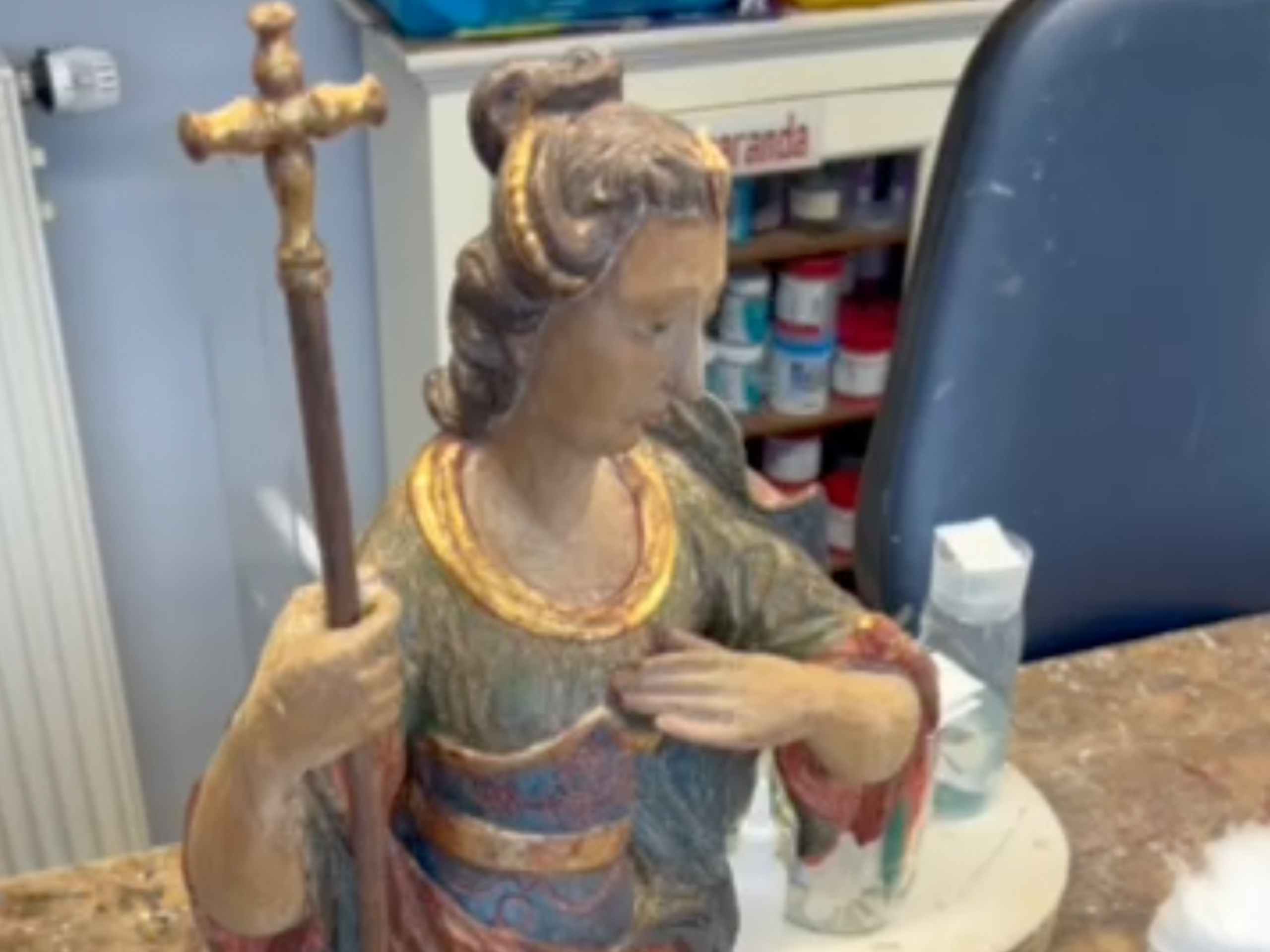 Travaux de restauration de la sculpture Sainte Marguerite